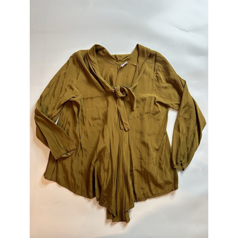 C.M.C Color Me Cotton Top Women's Large Tie Neck Bronze Satin Blouse Made In USA